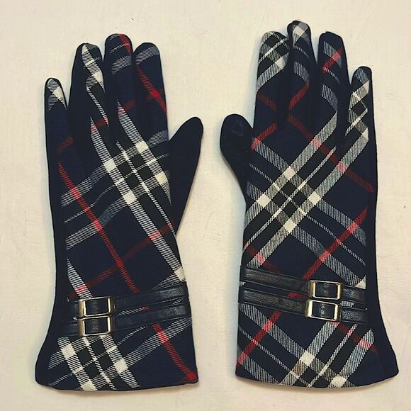 Heritage of Scotland Buckle Tartan Plaid Navy Tech Gloves Women OS NWOT Twee - Picture 2 of 6